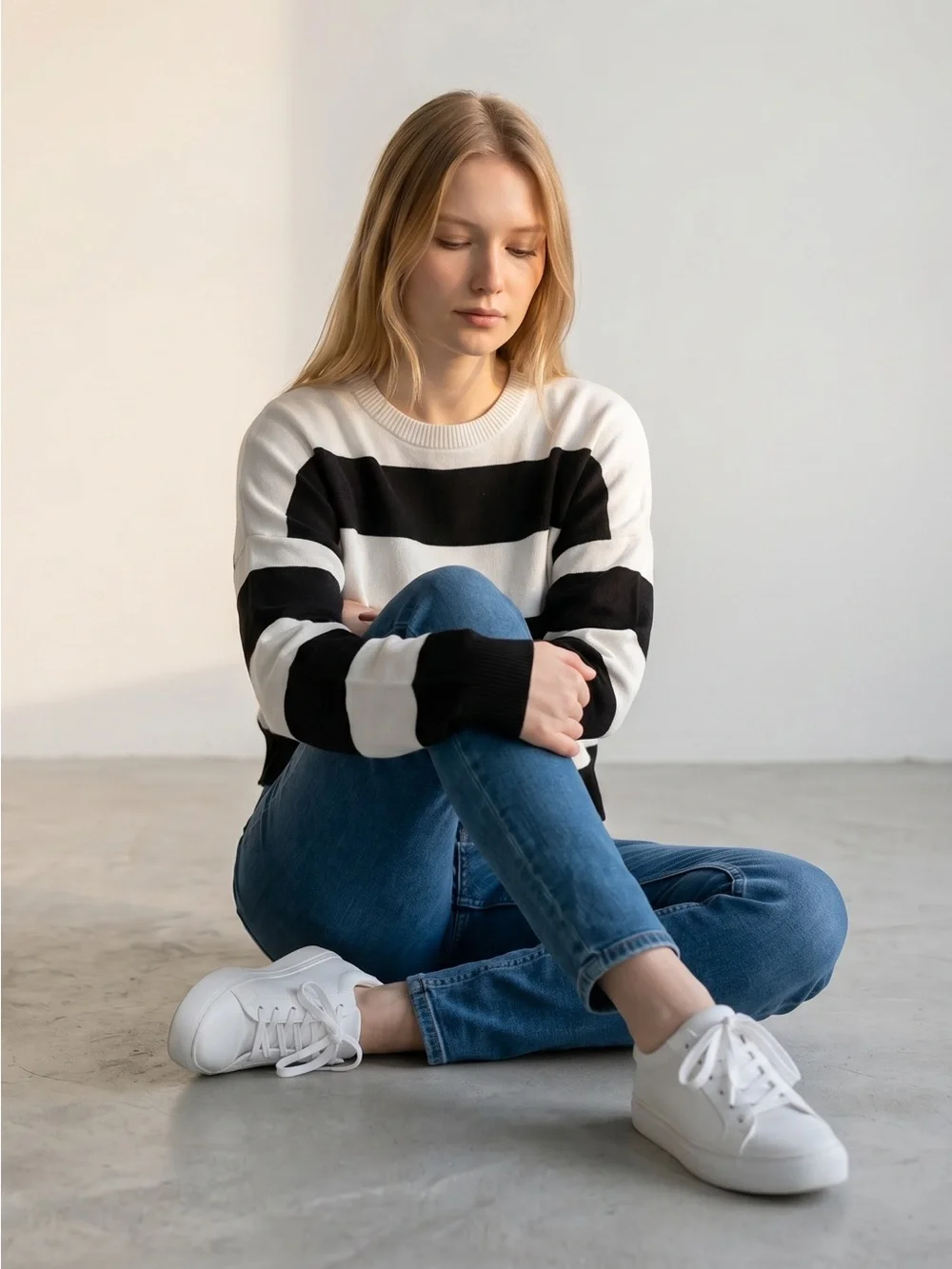 J. CREW Striped Black and White Knit Crew Neck Sweater
